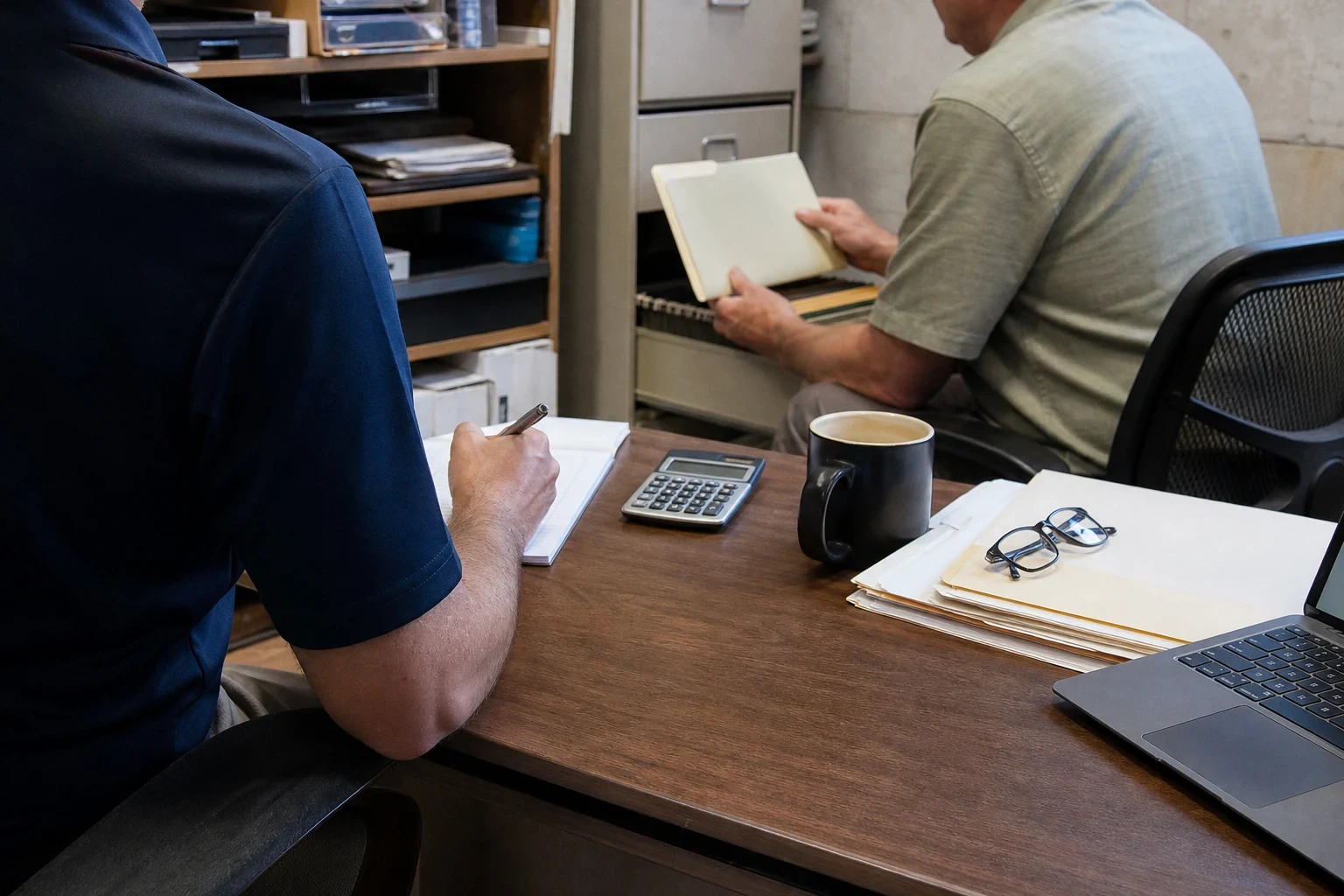 Agent in a navy shirt takes notes at a wooden desk with a calculator and coffee mug while a business owner pulls a manila folder from a filing cabinet.